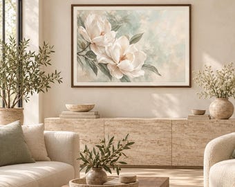 Cream Magnolia Floral Print, Neutral Botanical Wall Art