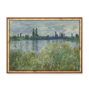 Vintage River Landscape Painting: Farmhouse Country Decor Art Print
