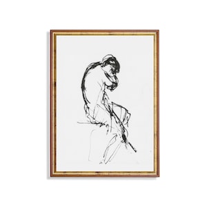 Minimalistische Figur Linie Zeichnung | Vintage schwarze Tinte Skizze einer sitzenden Frau | Ausdrucksstarker abstrakter Kunstdruck | Digitaler Download