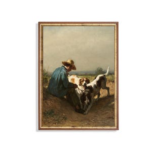 Pastorale scène Hunter en zijn honden, vintage hondenkunstprint, 19e-eeuwse dierenschilderij, rustiek landdecor, Constant Troyon-kunstwerkprint