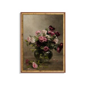 Pintura de rosas en un jarrón, arte de pared vintage, pintura al óleo de flores, impresión digital, descarga de arte floral imprimible, arte de pared de moda, impresión de arte antiguo