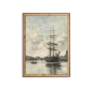 Vintage Sailing Ship Painting | Muted Seascape Print | Ocean Beach Art | Nautical Decor | Digital Download | Printable Wall Art | Fine Art