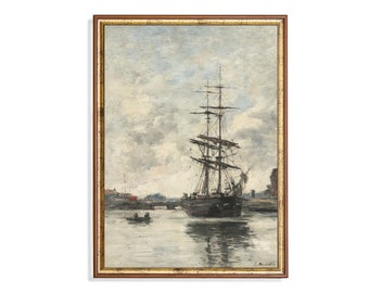 Pintura de velero vintage / Impresión de paisaje marino silenciado / Arte de playa oceánica / Decoración náutica / Descarga digital / Arte de pared imprimible / Bellas artes