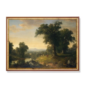 Puede incluir: Una pintura al óleo enmarcada que representa un paisaje pastoral con un río serpenteando por un valle. Árboles verdes y exuberantes bordean las orillas del río, y un grupo de vacas pastan en un campo en la distancia. El cielo es de un azul suave con nubes blancas esponjosas.