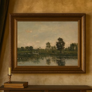 Impressão artística de paisagem fluvial do século XIX: cena natural de campo antigo (download digital) imagem 1