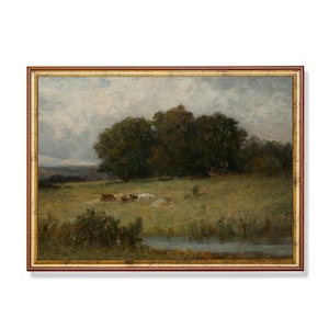 Vintage Landscape Painting | Country Landscape | Antique Cows Print | Digital Download | Printable Wall Art | Farmhouse Decor | Moody Art