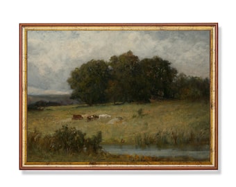 Vintage Pastoral Landscape Print, Antique Meadow Cow Field Art, Neutral Farmhouse Decor
