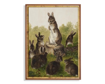 Vintage Rabbit Painting: Antique Bunnies Print, Farmhouse Animal Art