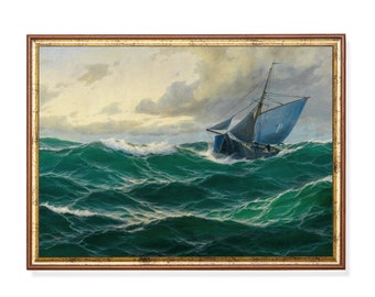 Vintage Nautical Sailboat Print: Stormy Sea Maritime Art