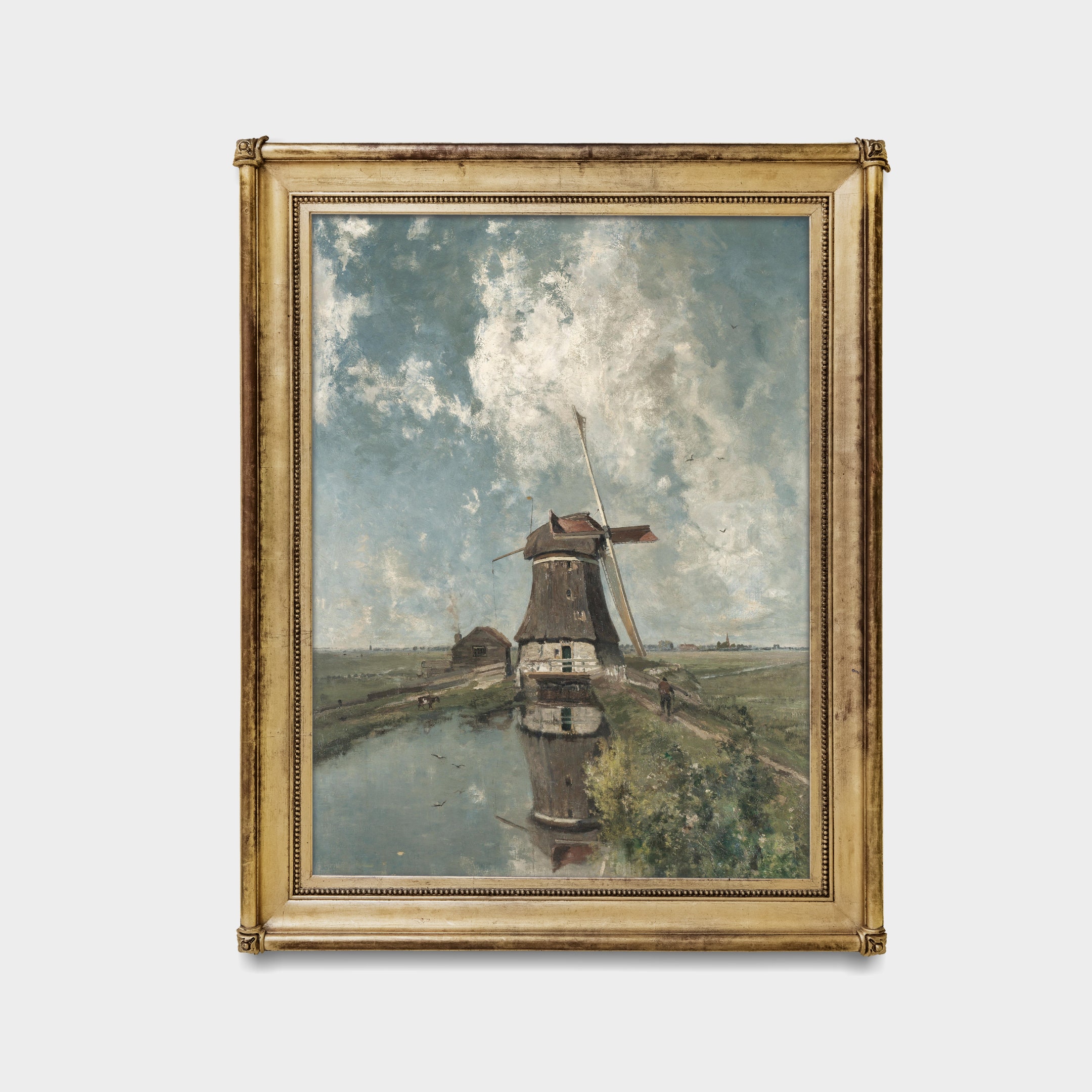 W. Schurmann 油彩画 風車と民家のオランダ風景、ボードに描かれた絵 W. Schurmann 油彩画 風車と民家のオランダ風景、ボードに描かれ