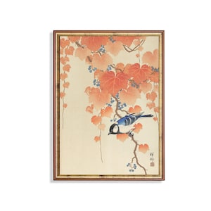 Japanischer Kunstdruck, Blauer Vogel Unter Herbst Efeublättern und Beeren, Vintage Ukiyo-e Stil Wanddekoration, Natur inspirierte Fine Art Print
