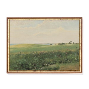 Vintage Meadow Landscape Painting | Soft Green Field, Pastoral Horizon Wall Art