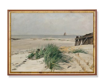 May include: A painting of a seascape with a sandy beach, a wooden pier, and a sailboat in the distance. The sky is a light blue and the water is a light gray. There are green grasses in the foreground.