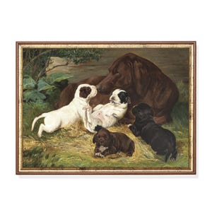 May include: A framed oil painting depicting a large brown adult dog resting in grass with four small puppies. One puppy is white with brown spots, one is white with black markings, one is solid black, and one is solid brown, all nestled in hay.