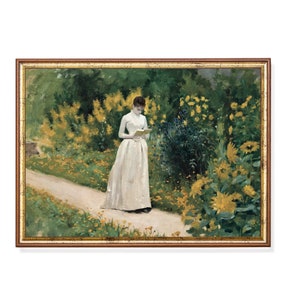Lezende vrouw in tuin: vintage kunstafdruk, landelijk landschap