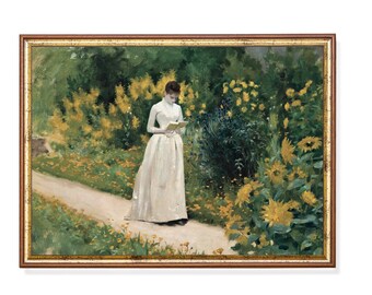 Woman Reading in Garden: Vintage Art Print, Country Scenery