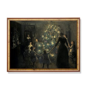 Vintage Christmas Eve Oil Painting Print: Family Around Tree