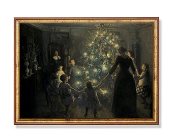 May include: A framed vintage painting depicts a family gathered around a decorated Christmas tree. The artwork features a warm, inviting scene with soft lighting and a sense of nostalgia. The frame is a warm brown with gold accents.