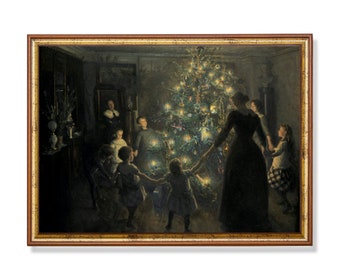 Vintage Christmas Wall Art Antique Art Print Christmas Eve Celebrations Oil Painting Print Digital Download Printable Horizontal Wall Art