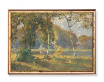 Vintage Autumn Landscape Painting: Rustic Country Scenery Art Print