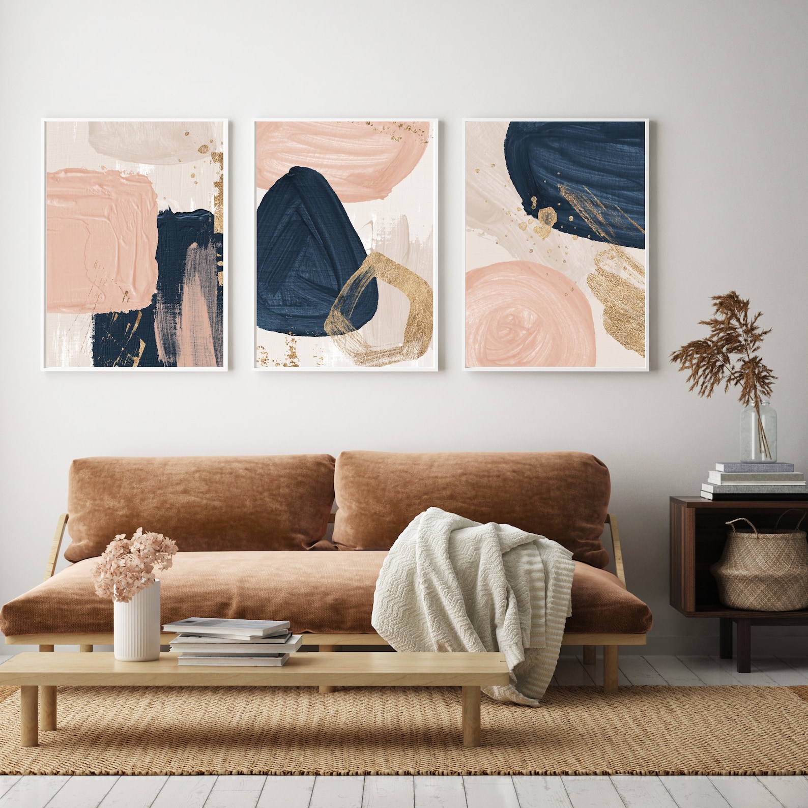 Blush Pink Wall Art Navy Blue Printable Poster Abstract Prints Set of 3 ...