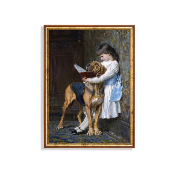 peinture de portrait vintage | Ancienne jeune fille enfant avec chien et livre | Impression rustique | Téléchargement numérique | Art mural imprimable | Beaux-Arts