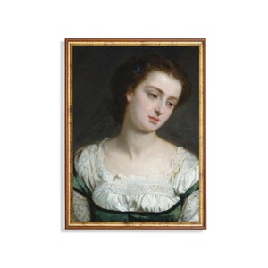 Vintage Romantic Woman Portrait Print – 19th Century Painting of Pensive Lady in White Dress, Soft Classical Art Digital Wall Decor