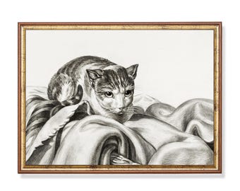 Vintage Katze Skizze Print: Neutrales Bauernhaus Dekor
