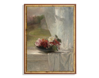 Vintage Floral Still Life Print: Antique Flowers on Window, Farmhouse Decor