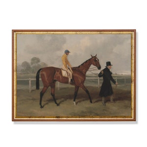 Racehorse with Jockey & Trainer Digital Download – Antique Equestrian Painting, Vintage Horse Racing Wall Art, Sporting Printable Decor