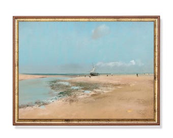 Vintage Seascape Painting: Antique Coastal Beach Art Print