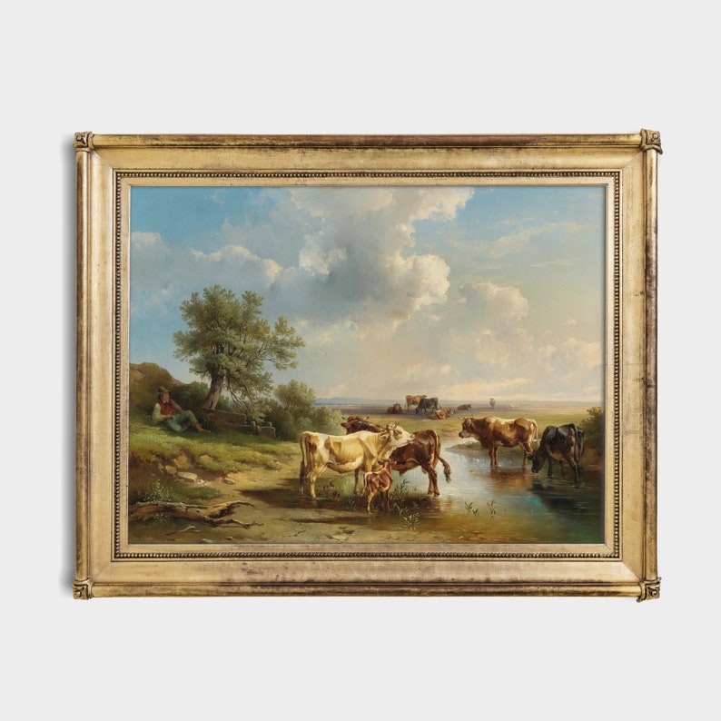 Gedruckt und versandt Landschaft mit Rindern Antikes Kühe Gemälde Landhaus Dekor Physische Drucke Horizontale Fine Art Bild 3
