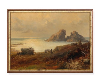 May include: An antique landscape painting in a gold frame. The artwork depicts a coastal scene with rocky cliffs, a calm sea, and a cloudy sky. The painting uses warm, earthy tones, creating a serene and classic aesthetic.