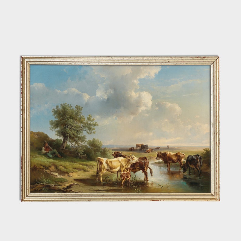 Gedruckt und versandt Landschaft mit Rindern Antikes Kühe Gemälde Landhaus Dekor Physische Drucke Horizontale Fine Art Bild 4