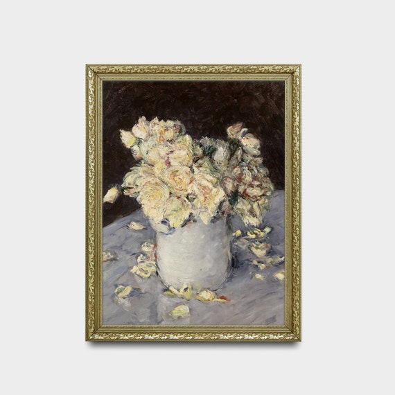白いバラの静物画：ヴィンテージ印象派の花の絵画（デジタル