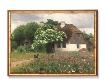 フランスの田舎のコテージの絵画、ヴィンテージの風景画、アンティーク