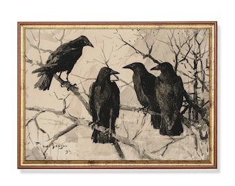 Vintage Raven Print: Antique Bird Art, Rustic Country Decor