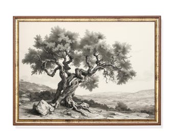 Vintage Oak Tree Landscape Print, Antique Nature Etching, Rustic Wall Art (Digital Download)