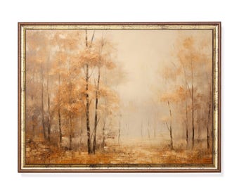 Golden Autumn Mist Birch Forest Print, Impressionist Woodland Landscape (Digital Download)