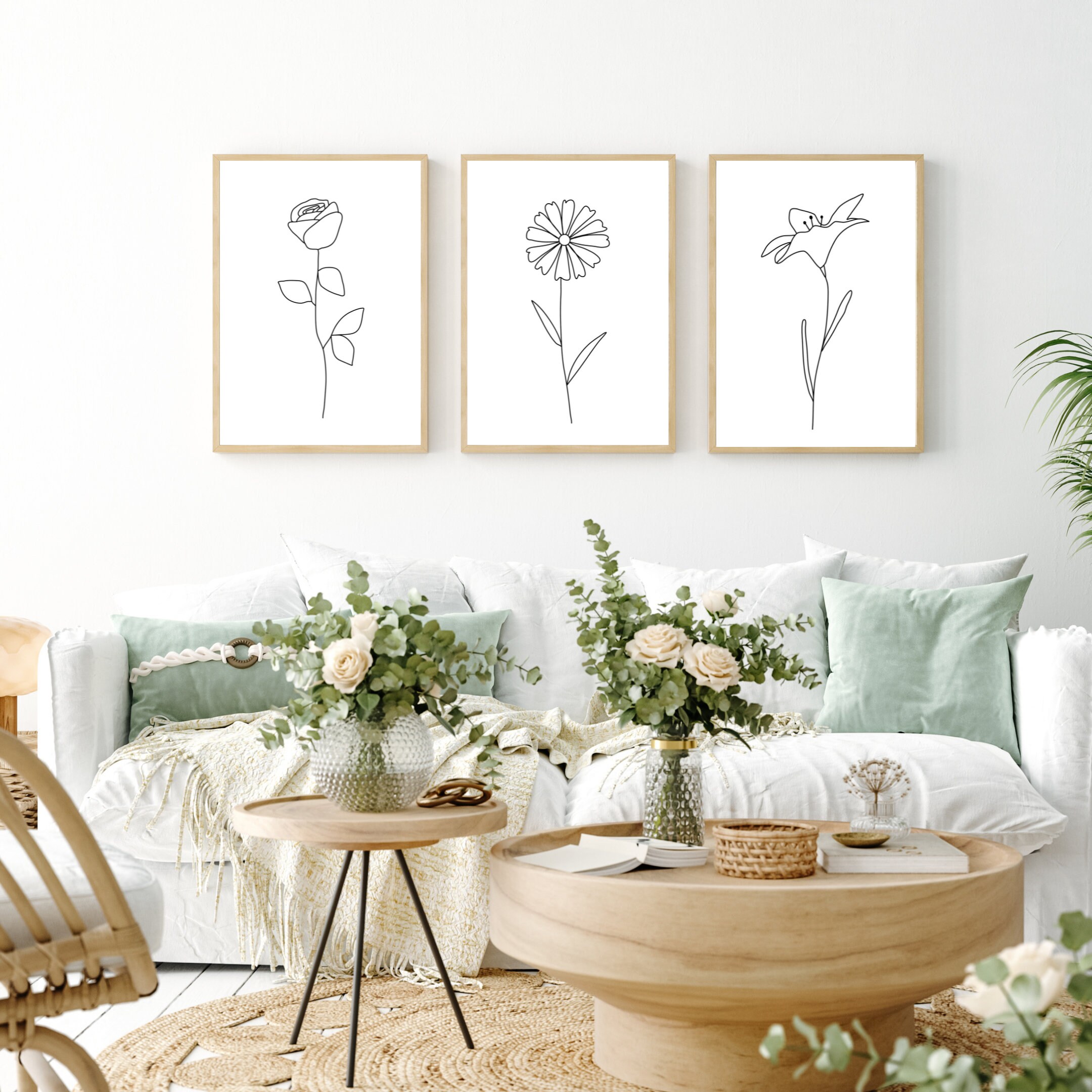 Floral Line Art Set of 3 Black and White Flower Prints 3 Piece Etsy