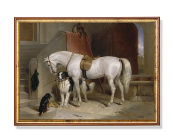 19th Century Horse and Dogs Print: Rustic Equestrian Farmhouse Art