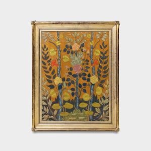 Peut inclure: Une peinture encadrée représentant un motif floral stylisé avec des fleurs bleues, vertes, jaunes, rouges et roses sur un fond jaune.
