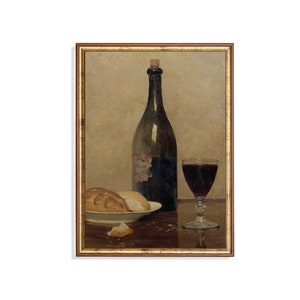 Peinture vintage de nature morte de vin et de pain : impression d&#39;art de cuisine de ferme