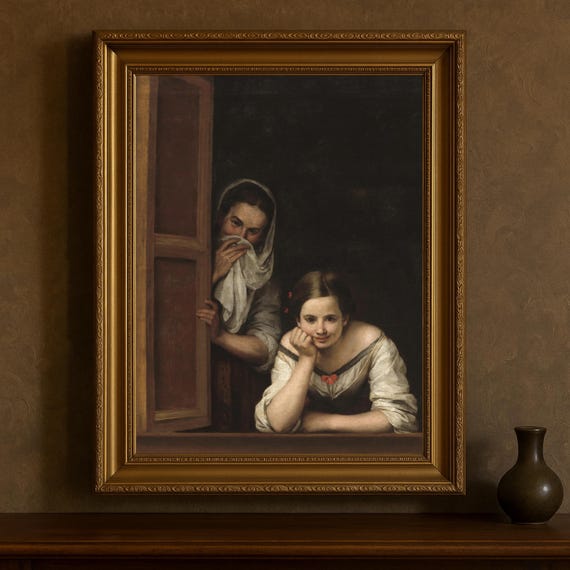 クラシック様式 額装絵画 2人の女性 ムリーリョの絵画版画：窓辺の二人の女性、スペインの巨匠たちの作品