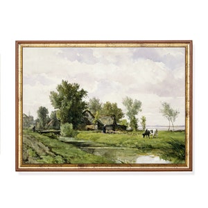 Vintage Country Landscape Painting: Rustic Farmhouse Print