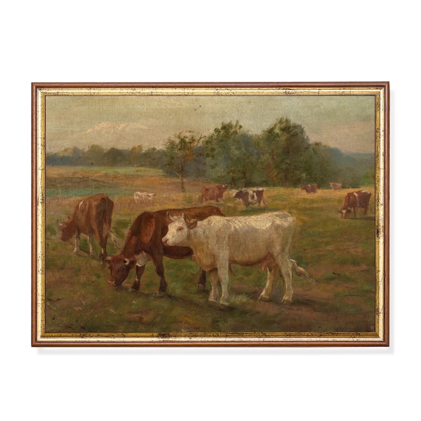 peinture de vaches vintage | Paysage de campagne antique | Imprimé animal rustique Moody | Décor de ferme | Téléchargement numérique | Art mural imprimable