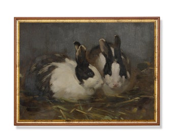 Mailed Print | Vintage Rabbit Painting | Antique Bunnies Print | Rustic Animal Oil Painting | Farmhouse Decor | Print and Ship | Fine Art
