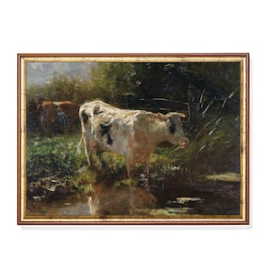 Vintage Cow Painting Digital Download – Antique Pastoral Farm Animal Print, Rustic Country Wall Art, Cattle by Stream, 19th Century Decor