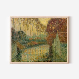 Autumn River Landscape Print: Golden Impressionist Nature Wall Art