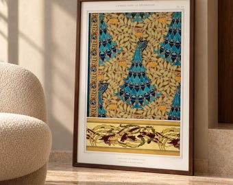 French Art Nouveau Peacock Print, Teal Botanical Fish Illustration